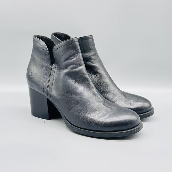 Born Boots Womens 9 Black Leather Ankle Booties Round Toe Block Heel Zip Comfort - Picture 2 of 12